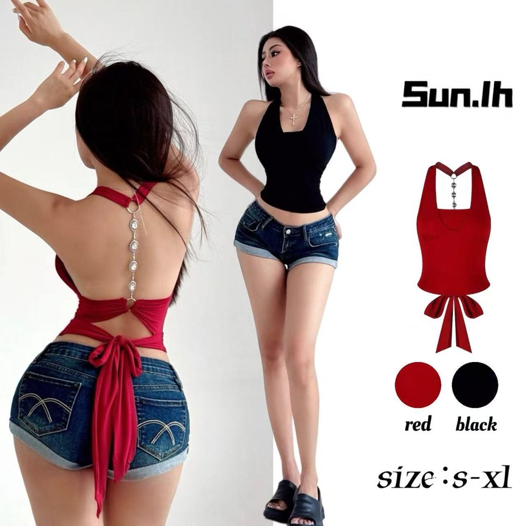 SUN🛍️พร้อมส่ง🛍️เสื้อเปิดไหล่สีแดงดำ ดีไซน์โซ่ด้านหลัง เซ็กซี่ หวาน และ
