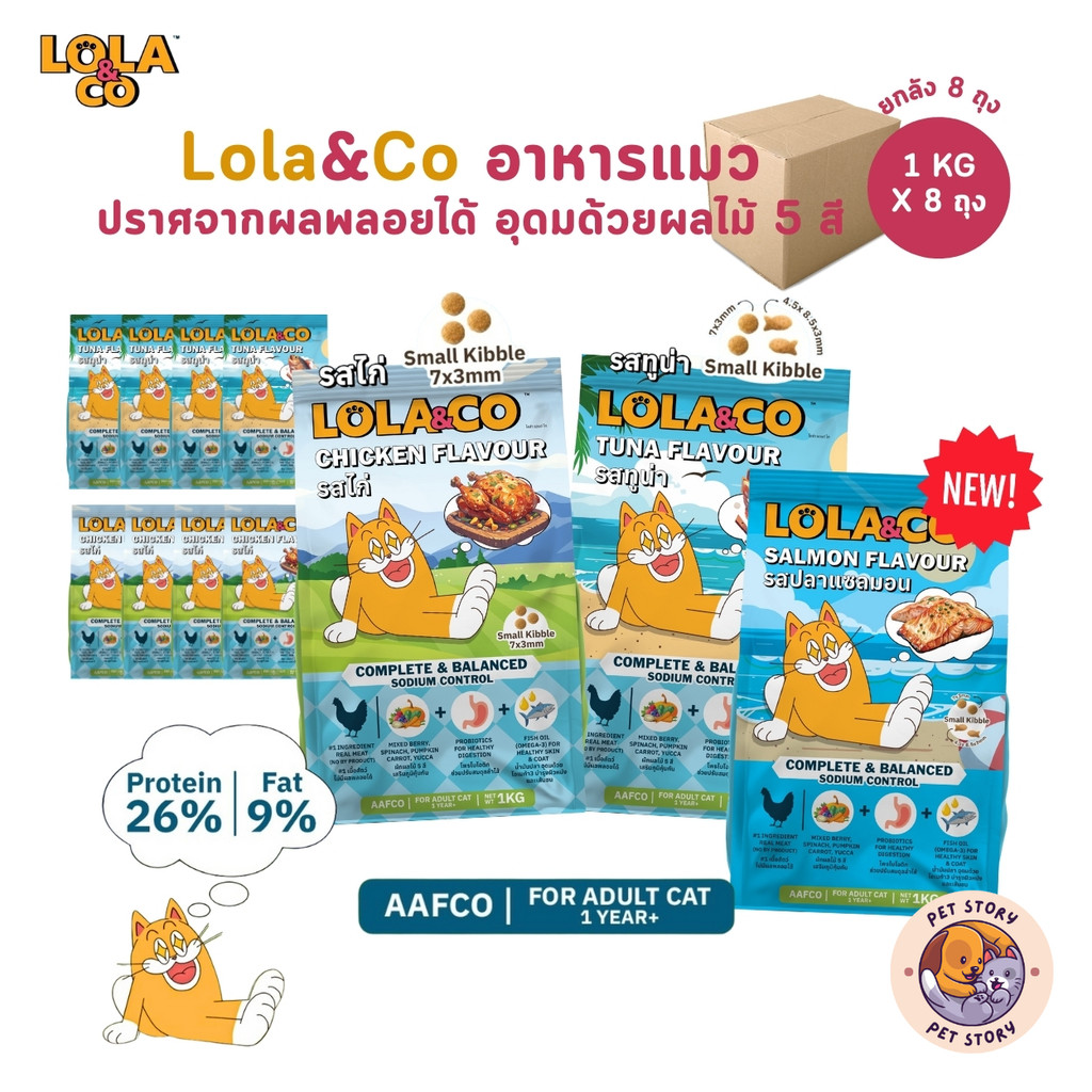 [ยกลัง 8 ถุง] Lola&Co อาหารเม็ดแมว สำหรับแมวโต ปราศจากผลพลอยได้ อุดมด้วยผลไม้ 5 