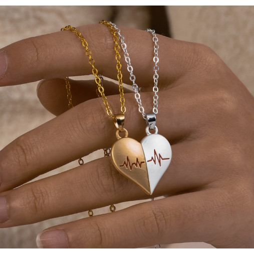 สร้อยคอแม่เหล็กหัวใจ ECG 2 ชิ้น - เครื่องประดับคู่สแตนเลส