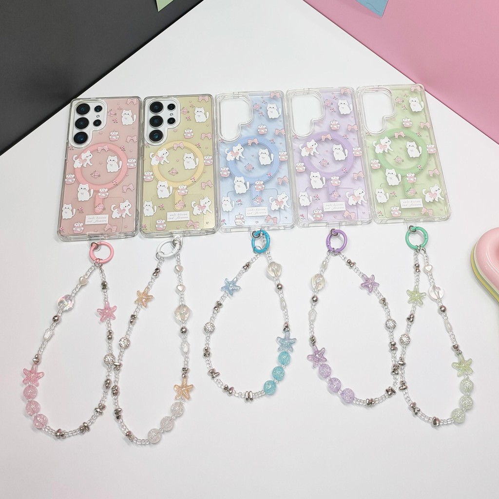 สําหรับSamsung S25 UltraกรณีS24 Ultra S24 Feน่ารักการ์ตูนเคสโทรศัพท์S22 S23 S24 PLUSฝาครอบแม่เหล็กS25 hard Shellสีชมพูสีม่วงเค้กแมว