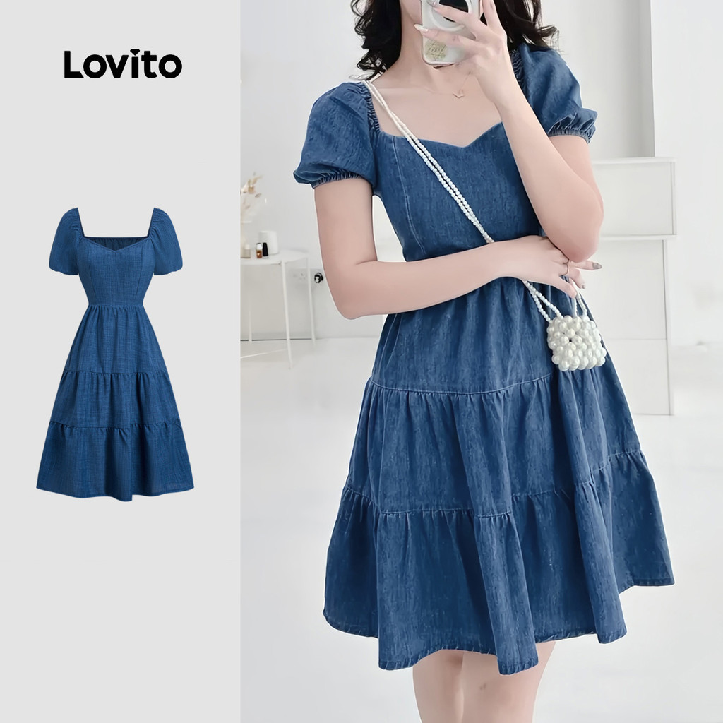 (New) Lovito โครงสร้างเสื้อผ้าลำลอง ชุดเดรสนำ้เงินสำหรับผู้หญิง ฤดูใบไม้ผลิ/ฤดูร้อน L149ED144