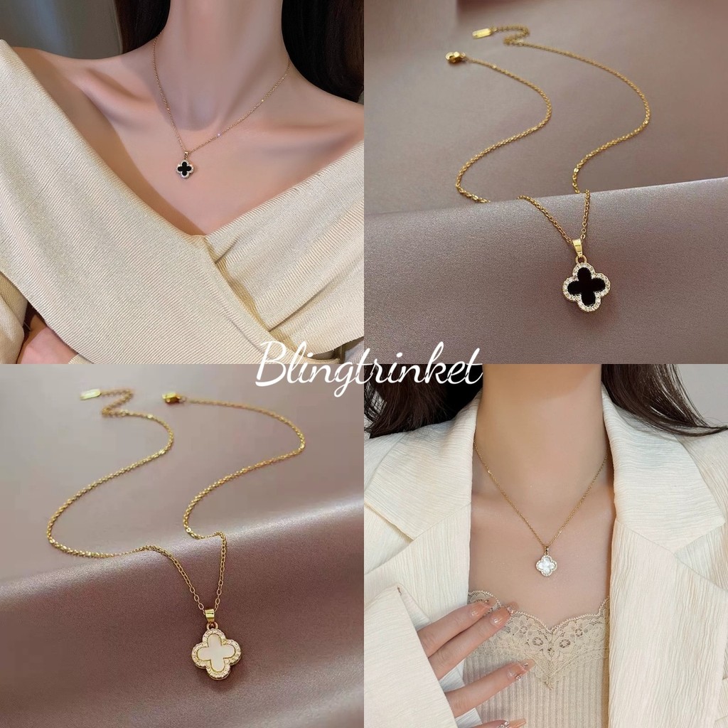BlingTrinket🍀🍀 สร้อยคอ สีดำและสีขาว จี้รูปใบโคลเวอร์สี่แฉกสองด้าน ราคาที่เอื้อมถึง มีสไตล์และเรียบง่าย ส่งไวจากไทย