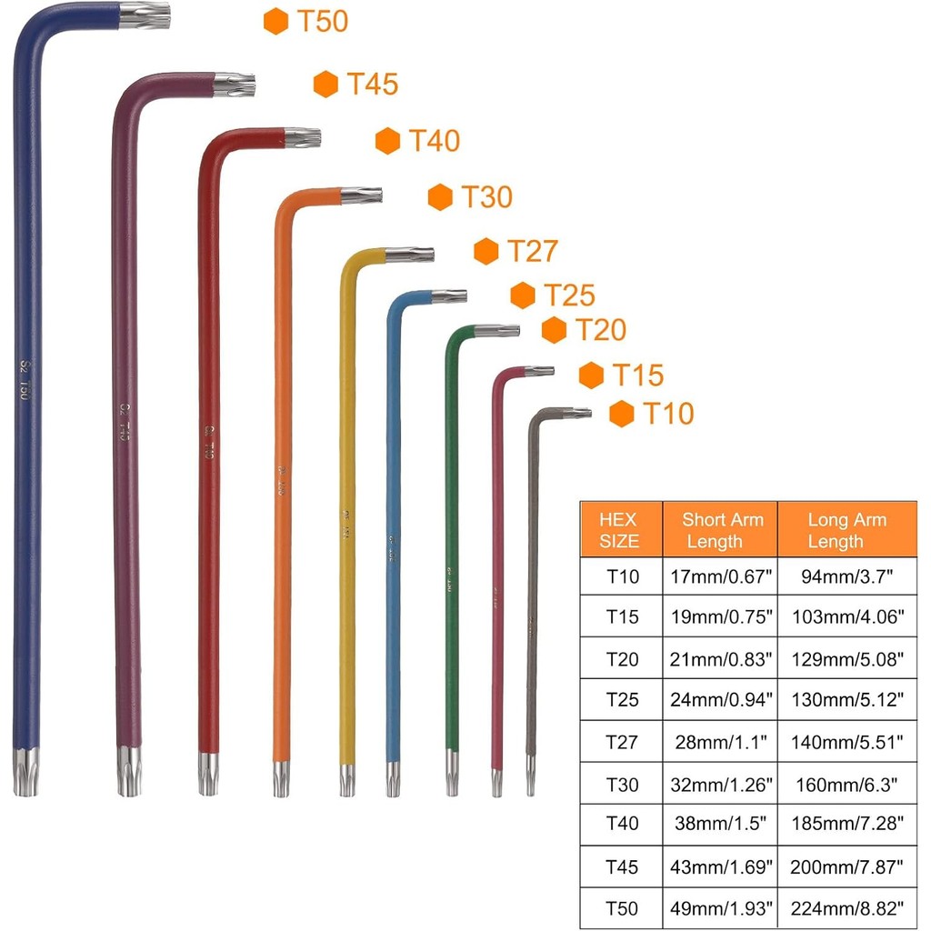 HARFINGTON 9 ชิ้น Hex Key ประแจชุด T10/T15/T20/T25/T27/T30/T40/T45/T50 S2 เหล็ก L-Shape หกเหลี่ยม To