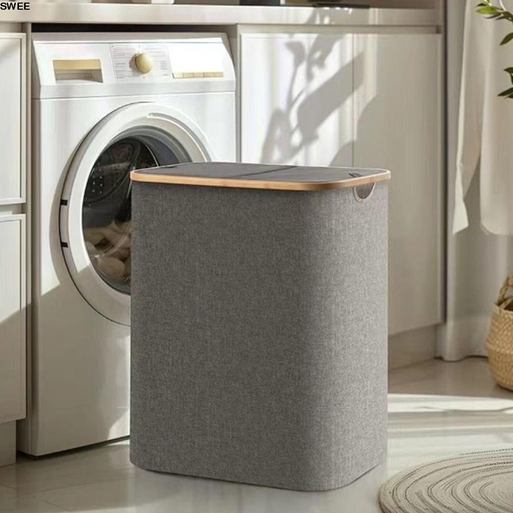 SWEE ตะกร้าเสื้อผ้าสกปรกพับได้พร้อมฝาปิด/ที่จับตะกร้าซักผ้าอเนกประสงค์ขนาดใหญ่กันน้ํา 2 ส่วนกระเป๋าด้านในซักผ้าตะกร้าอพาร์ทเมนท์ห้องนั่งเล่น