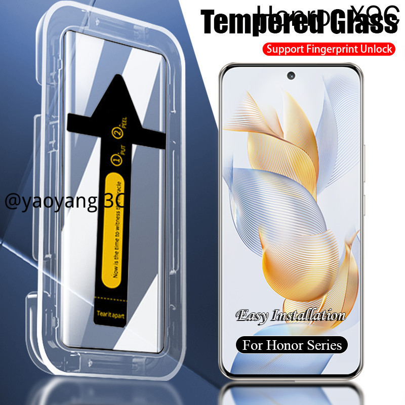 One-คลิกติดตั้งป้องกันหน้าจอฟิล์มแก้วพร้อมกล่องติดตั้งสําหรับHonor 400 300 200 90 80 70 60 50 X9b X9c X9a Magic 7 Rsr 6 5 4 3 Pro 5Gป้องกันหน้าจอขอบกาวสนับสนุนF