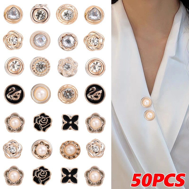 เข็มกลัดปุ่ม Pearls Rhinestones สำหรับปิดช่องว่างบนเสื้อ กระโปรง และคาร์ดิแกน - เซต 10/30/50 ชิ้น