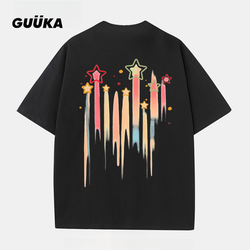 เสื้อยืดผ้าฝ้ายสไตล์เกาหลีผู้หญิง Star Diwali เสื้อผ้าใหม่พิมพ์ขนาดใหญ่ลูกเรือคอสีขาว Baju Lelaki Wa