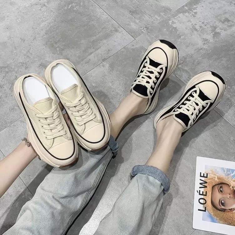 SXX รองเท้าผ้าใบแบบสวม เปิดส้นเท้า sneaker รองเท้าแฟชั่นผู้หญิง สีขาว ดำ เสริมส้นสูง พร้อมส่ง