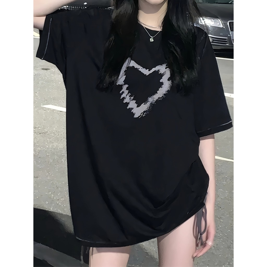 เสื้อยืดพิมพ์ลายสไตล์เกาหลี ผ้าฝ้ายนุ่มๆ ออกแบบรูปหัวใจ อกปกแขนสั้น สำหรับสาวไซส์ใหญ่ ฤดูร้อน 2025