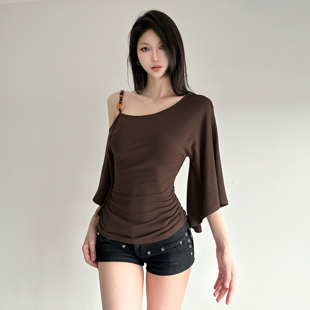 C&M Womens String of Bead Off-the-shoulder Bat-shirt Retro Irregular T-shirt