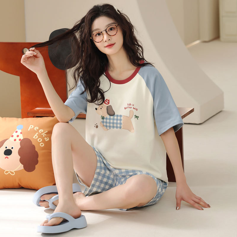ชุดนอนผ้าฝ้าย 100% กางเกงขาสั้นแขนสั้นผู้หญิง 2025 สาวการ์ตูนน่ารัก Homewear สูท jz919sy