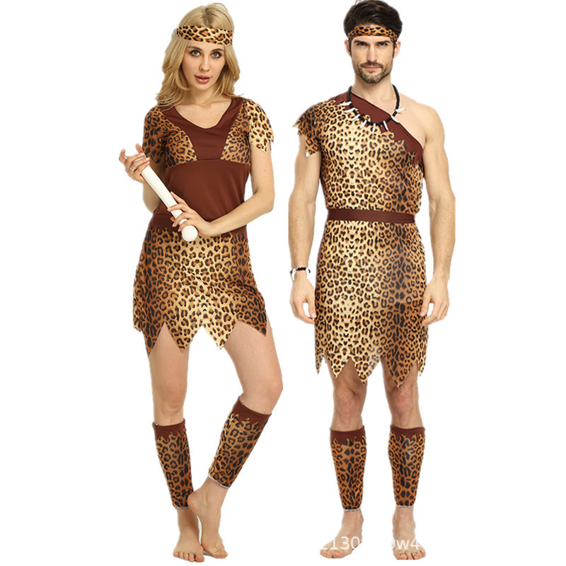 เครื่องแต่งกายฮาโลวีนสไตล์อินเดียนพื้นเมืองสำหรับผู้ชายและผู้หญิง เสื้อผ้านักล่าธีม Primal และ Savag