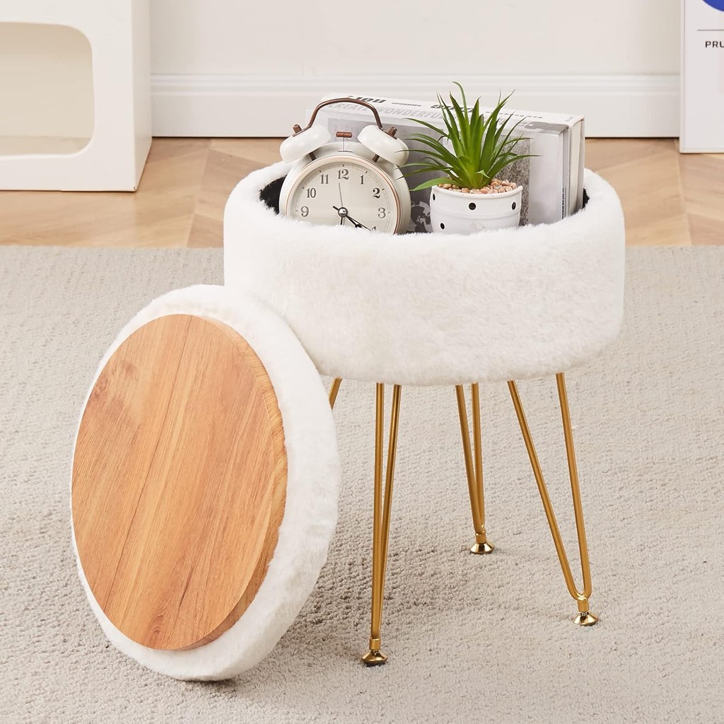 Cplxroc Footrest Footstools Round Faux Fur Ottoman with Storage Space Soft Vanity Chair Seat Coffee 