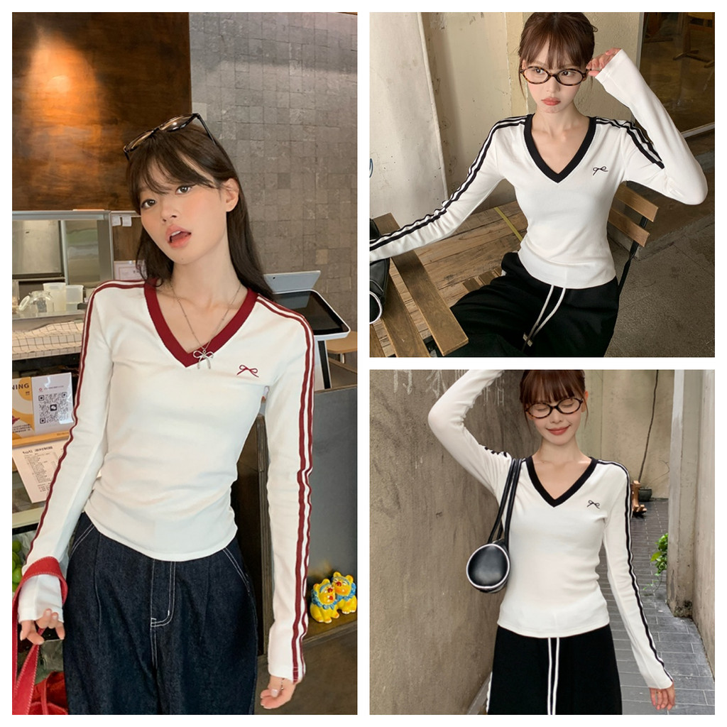 Bella Shop เสื้อยืดผู้หญิง เสื้อยืดแขนยาวปักลายผีเสื้อคอวีทรงเข้ารูป