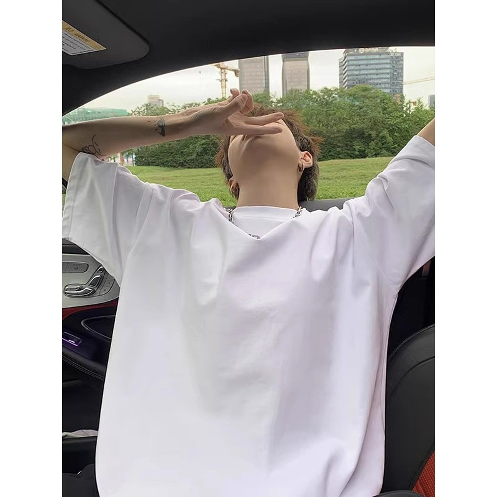 COD 2025240g Heavyweight White Xinjiang Cotton T-Shirt for Men Small Neckline Three-Needle Short Sle