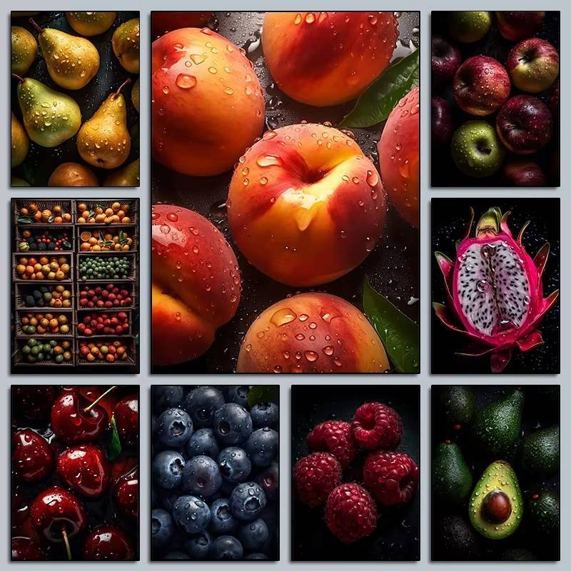โปสเตอร์ภาพวาดผลไม้เขตร้อนสำหรับผนัง ดีไซน์.avocado และ.raspberry สำหรับห้องนั่งเล่น