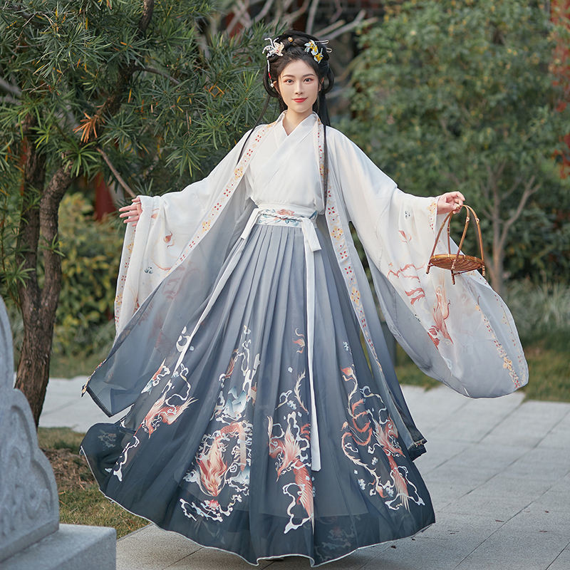 Ningfengxian Original [Dragon Phoenix] Hanfu Wei Jin สไตล์ผู้ชายผู้หญิงเสื้อขนาดใหญ่คอข้ามเอวกระโปรง