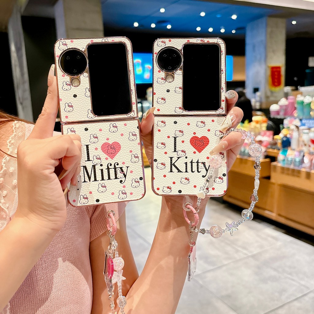 ฝาหลังสําหรับ OPPO ค้นหา N3 N2 Flip Case I Love Hello Kitty Miffy Bunny สร้อยข้อมือหนัง Pu กันชนนุ่ม