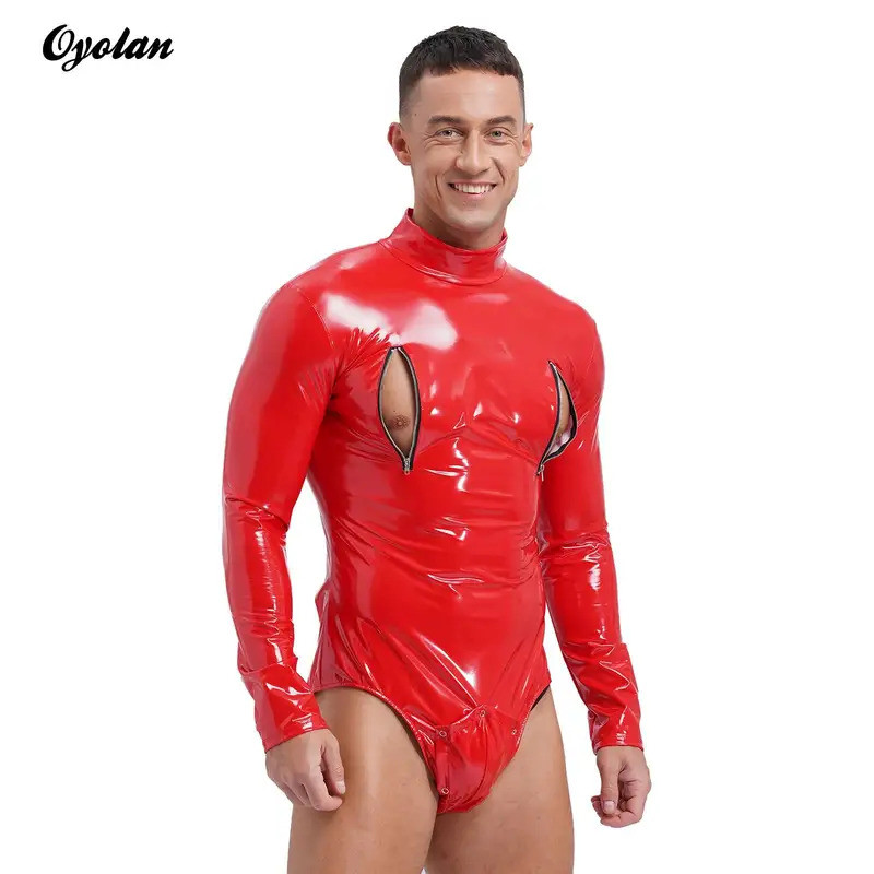 Men's Shiny Latex Catsuit แขนยาวซิปรัดรูป เหมาะสำหรับClubwear