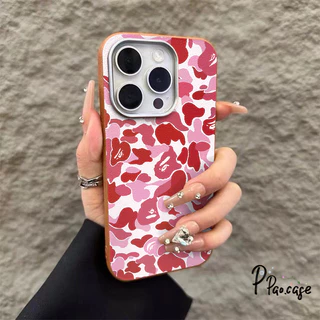 เคสไอโฟน XR สำหรับ IPhone 17 AIR 11 13 16 15 14 12 Pro Max 15 14 16 7 8 Plus XR X XS หน้าจอเต็มหน้าจอสีชมพูลายพรางหนัง