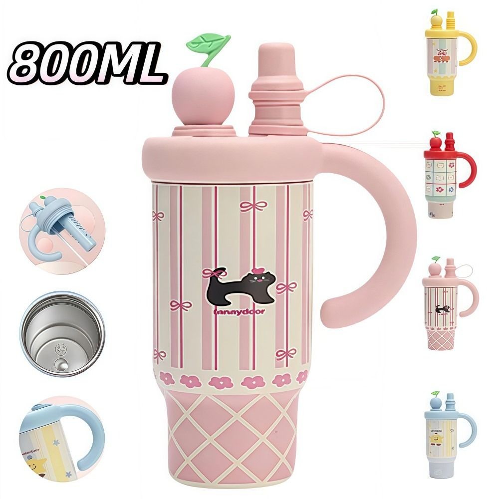 แก้วน้ำสแตนเลส 800ml พร้อมหลอดซิลิโคน ดีไซน์น่ารัก