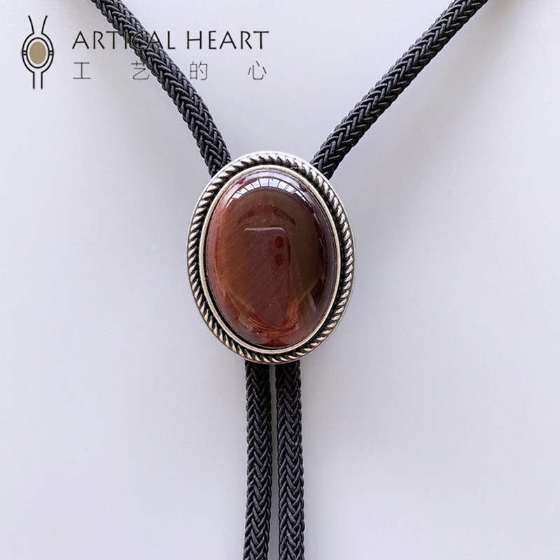 < Red Tiger Eye > Natural Red Tiger Eye Stone Silver-Plated Polo tie bolo tie