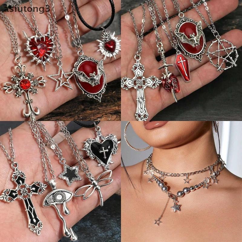 [ASI] 5 ชิ้น/เซ็ตสร้อยคอโกธิคสําหรับผู้หญิงเครื่องประดับฮาโลวีนพร้อมหัวใจค้างคาวข้ามจี้อุปกรณ์เสริมอ