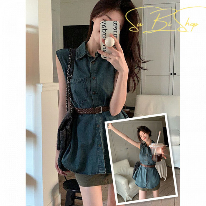 {Subi-Oder}เสื้อกั๊กยีนส์ฤดูร้อนอารมณ์เกาหลีพร้อมเข็มขัด