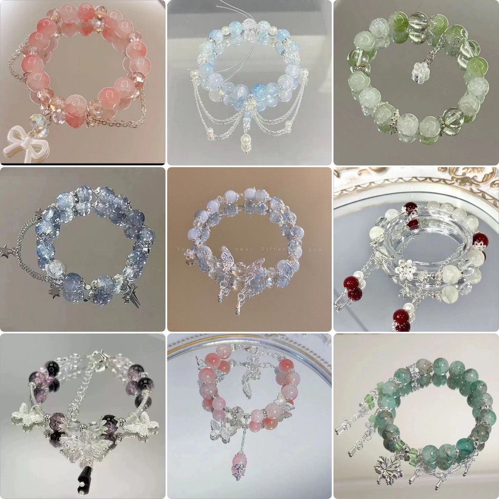 สร้อยข้อมือลูกปัดแก้ว สไตล์ ins จี้ผีเสื้อและดอกไม้ ของขวัญสำหรับเพื่อน เครื่องประดับแฟชั่นน่ารัก สไตล์เกาหลี