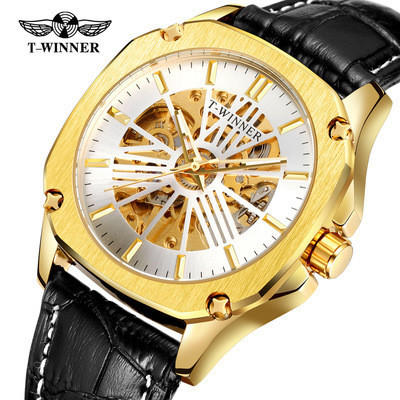 T-WINNER Mens Automatic Mechanical Watch Watch นาฬิกา Skeleton Mechanical Watch นาฬิกาผู้ชาย นาฬิกาผ