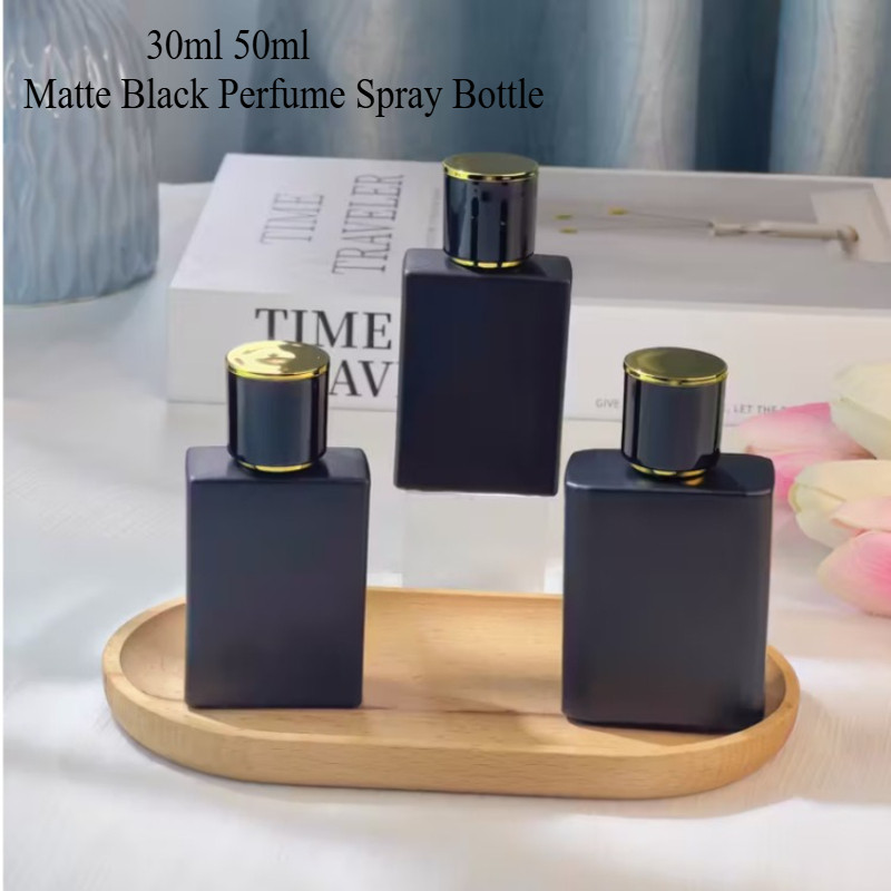 30/50ML Matte Black Spray Bottle Square Glass Perfume Sว่างเปล่า Refillable Travel Bottle High-end S