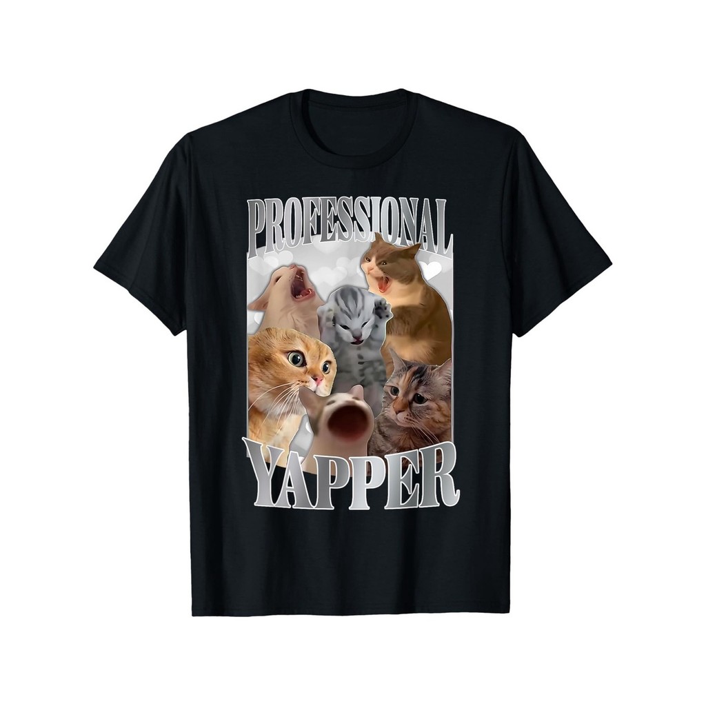 Professional Yapper Cat ตลก Meme Baju เสื้อยืดผ้าฝ้าย 100% ใหญ่และสูงสบายๆรอบคอแขนสั้น