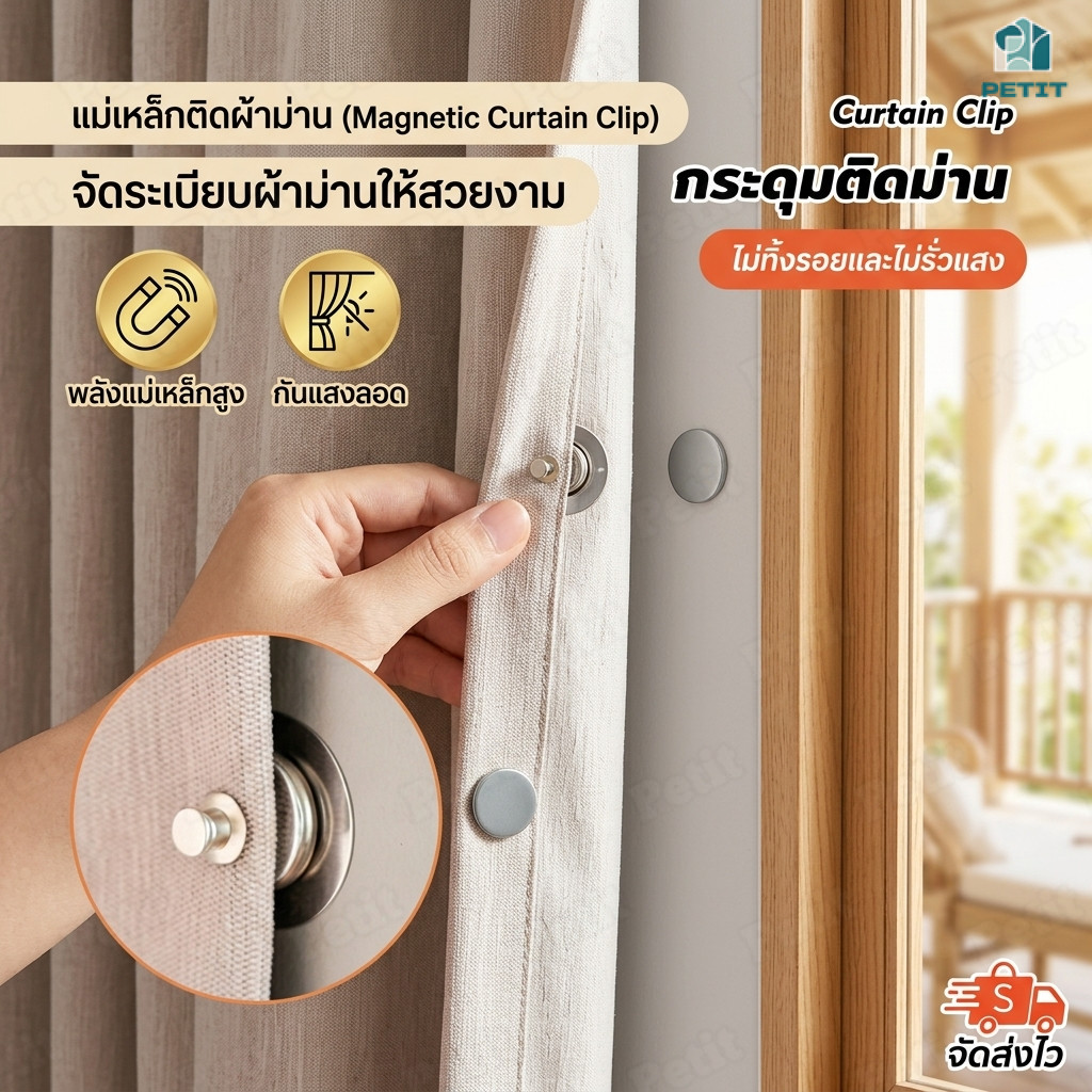 กิ๊บหนีบผ้าม่านแม่เหล็ก กระดุมแม่เหล็กติดผ้าม่าน ป้องกันแสงลอด แม่เหล็กแรงดูดสูง ไม่ต้องใช้ตะปู