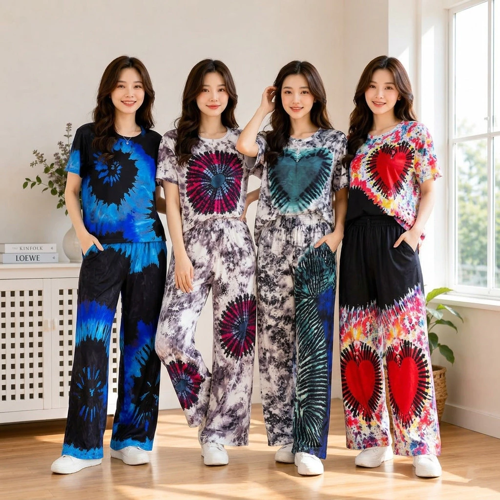 ชุดเซ็ต 2 ชิ้น เสื้อ+กางเกง พิมพ์ลายมัดย้อม สไตล์โบฮีเมียน ผ้านิ่มยืด S332กางเกงขายาวทรงกระบอก มีกระเป๋าข้าง เอวยางยืด