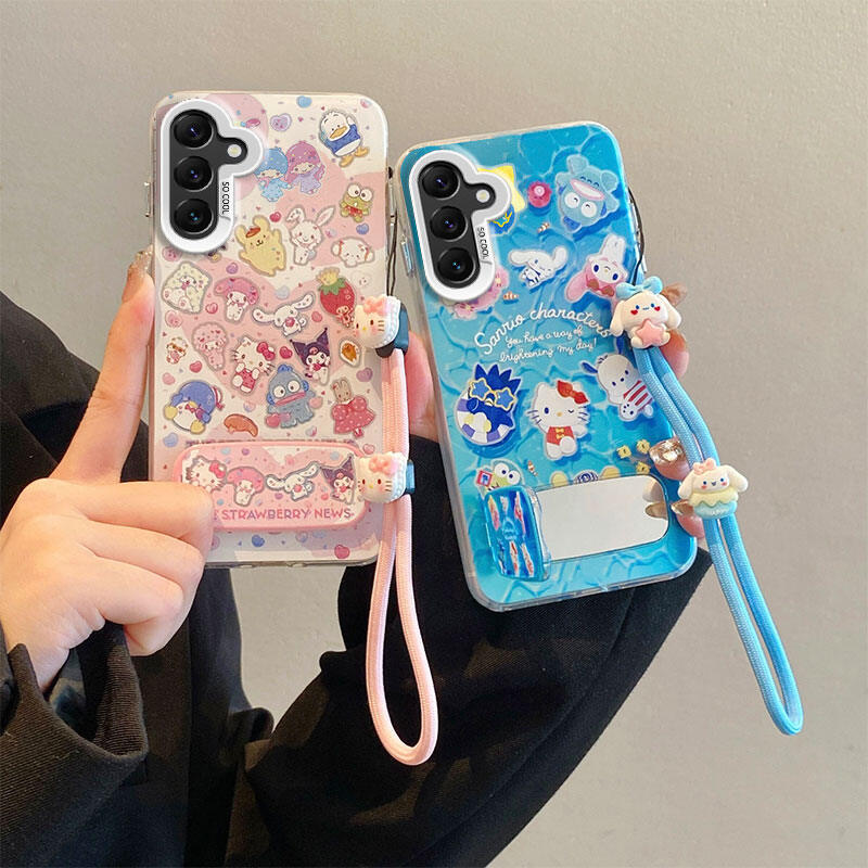 เคสโทรศัพท์ลายการ์ตูนสําหรับ Samsung Galaxy A57/A56/A17/A36/A16, ฝาครอบป้องกันแบบใสพร้อมเชือกเส้นเล็กและขาตั้งกระจก, KT Cat kuromi melody