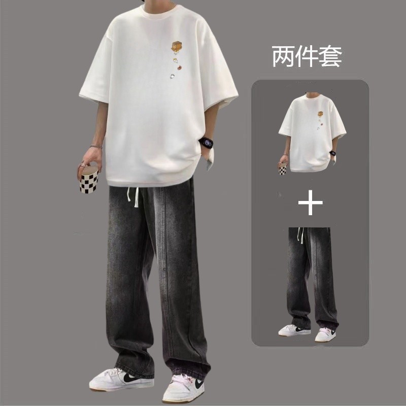 เสื้อยืดแขนสั้นฤดูร้อนครึ่ง T535 ผ้าฝ้ายแท้ + K50 ชุดกางเกงยีนส์ S-3XL, P42