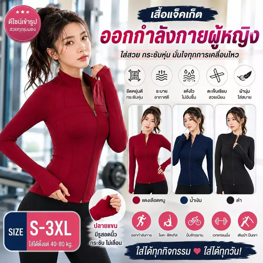 เสื้อออกกำลังกายผู้หญิงแขนยาว ซิปหน้า Slim Fit เสื้อโยคะ ฟิตเนส เสื้อกีฬา กระชับทรง ยืดหยุ่นสูง Quick Dry S-3XL