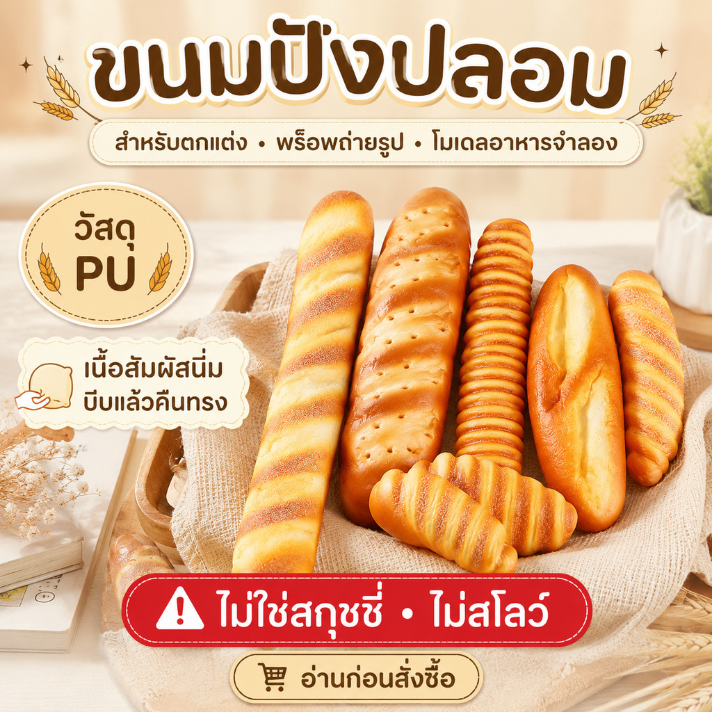 ขนมปังฝรั่งเศษ ขนมปังปลอม ขนาดเท่าขนมจริง สัมผัสนิ่ม บีบแล้วคืนทรง ตกแต่งร้าน พร็อพถ่ายรูป เสมือนจริง ไม่ใช่สกุชชี่