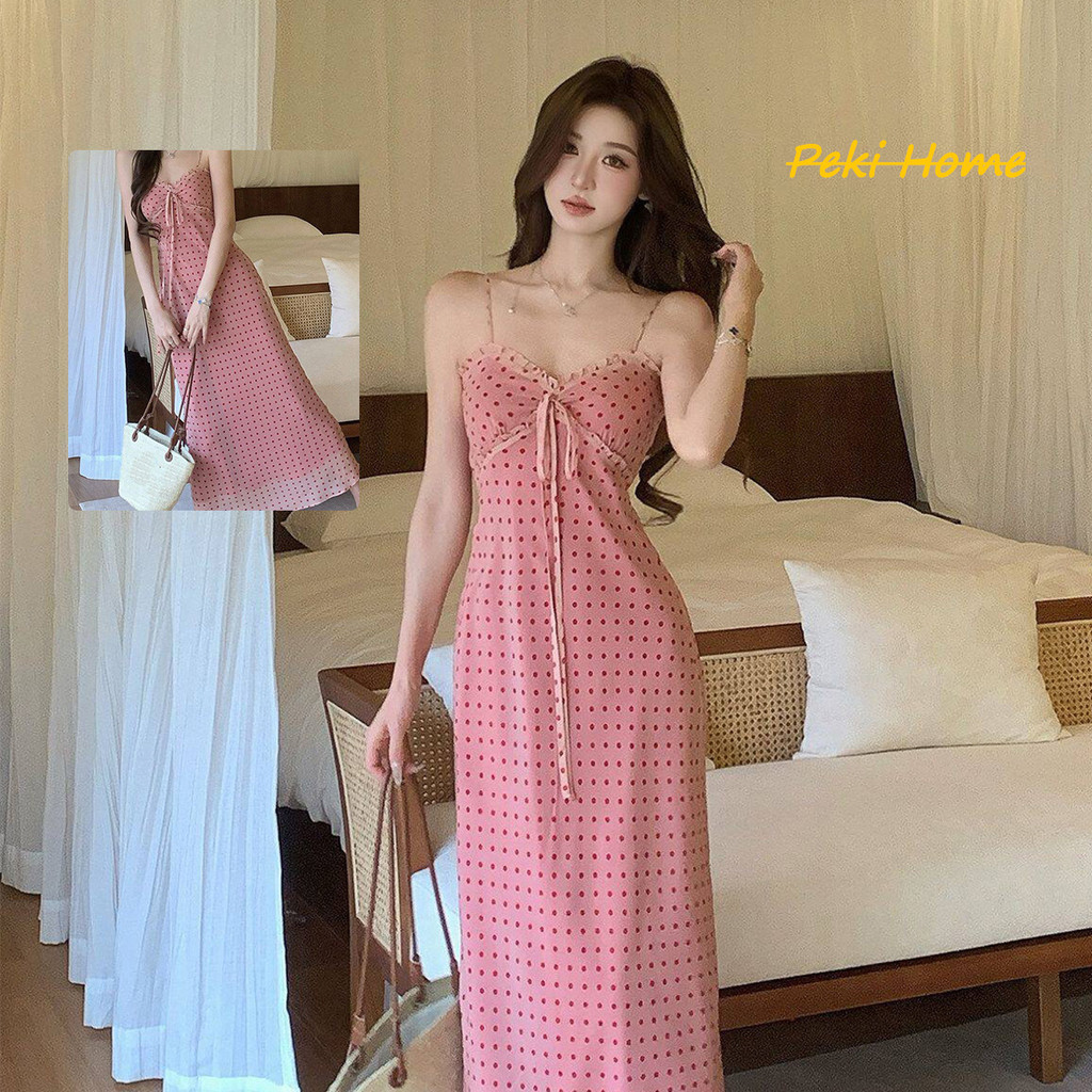 เดรสสายเดี่ยวลุคฮานยู สไตล์พักผ่อนร้อน สีหวาน ตัวรัดเอว ดีไซน์มัดปม ดรีสยาวฤดูร้อน 2026 สำหรับสาวๆ