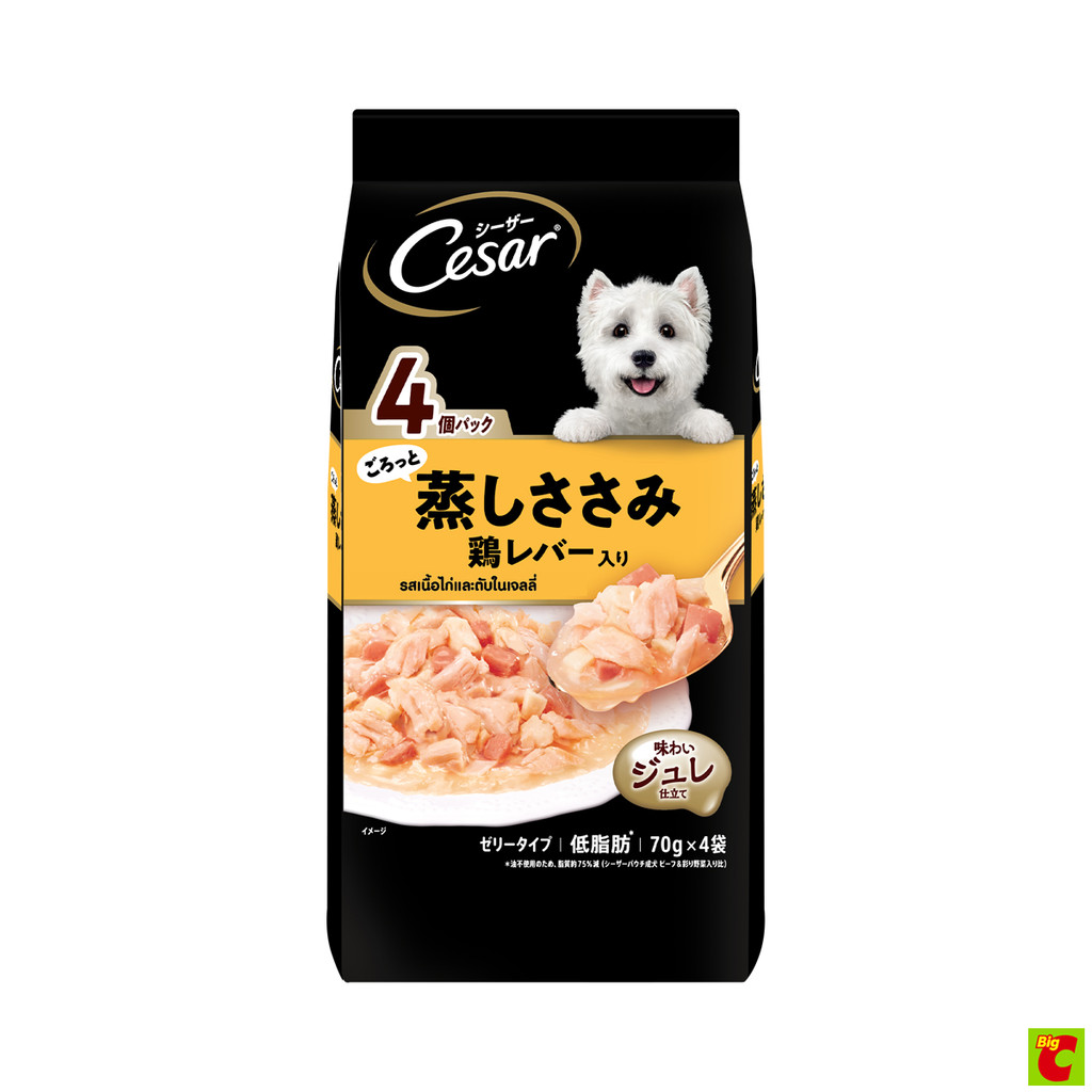 ซีซาร์ อาหารเปียกสุนัขโต รสเนื้อไก่และตับในเจลลี่ 70 ก. แพ็ค 4