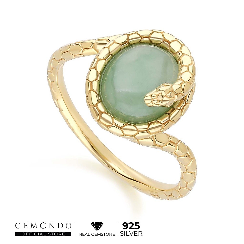 Gemondo แหวนเงิน 925 Sterling Silver ประดับหยก (Jadeite) ทรงวงรีดีไซน์ลวดลายงู