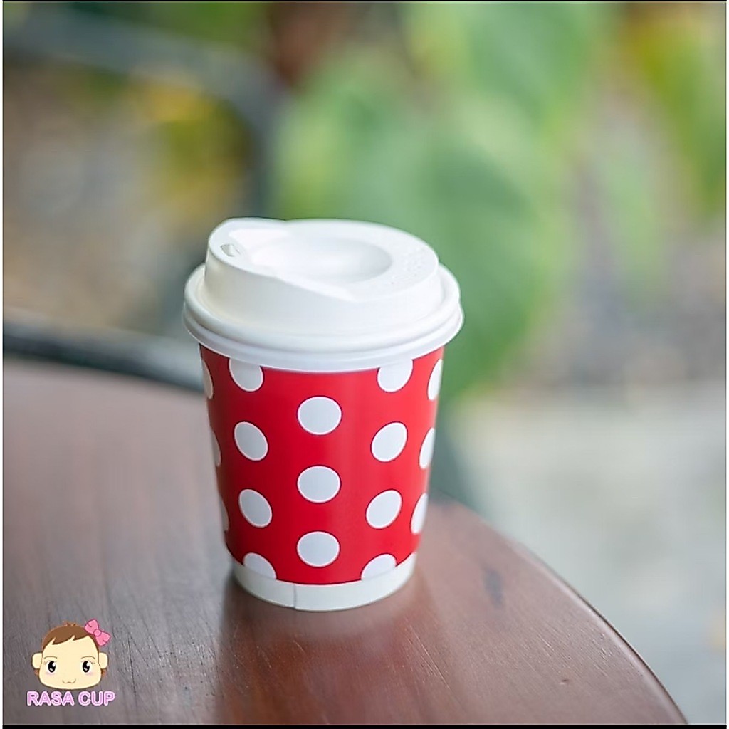 [DW8-PolkaDotแดง-50] แก้วกระดาษ 2 ชั้น (Double Wall) พิมพ์ลาย Polka Dot สีแดง-ขาว บรรจุ 50 ใบ (มีตัวเลือกฝาด้านใน)