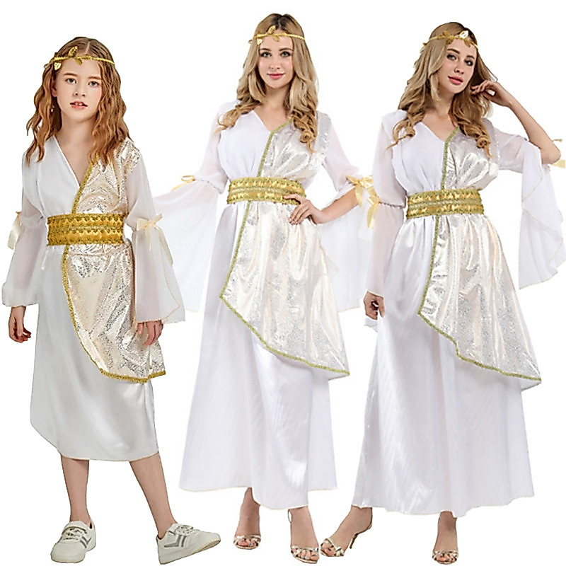 โบราณกรีก Athena Goddesses เครื่องแต่งกายสําหรับเด็กสาวสีขาว Goldren โรมัน Toga เจ้าหญิง Queen Angel คอสเพลย์สําหรับผู้หญิงปาร์ตี้ฮาโลวีนชุด