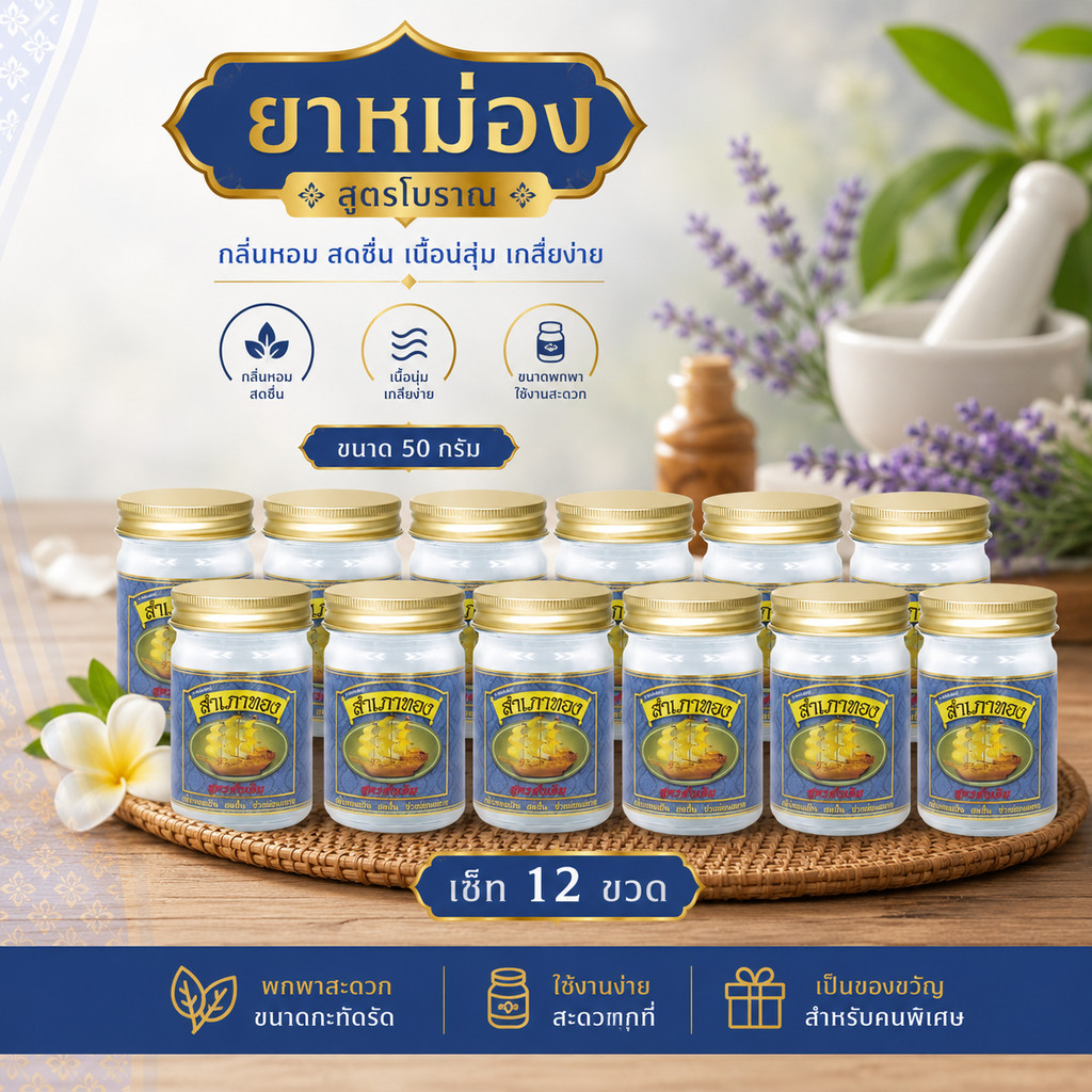 ยาหม่องสำเภาทอง สูตรดั้งเดิม 50กรัม เซ็ท 12 ขวด ยาหม่องสำเภาทองดั้งเดิม50g กลิ่มหอมสดชื่น เกลี่ยง่าย