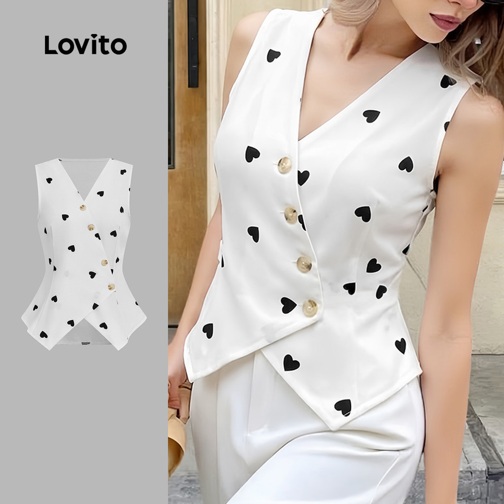 Lovito แคชชวล เสื้อผู้หญิงแบบสบาย ๆ กระดุมหน้า คอวี สําหรับฤดูใบไม้ผลิ/ฤดูร้อน L183ED01078