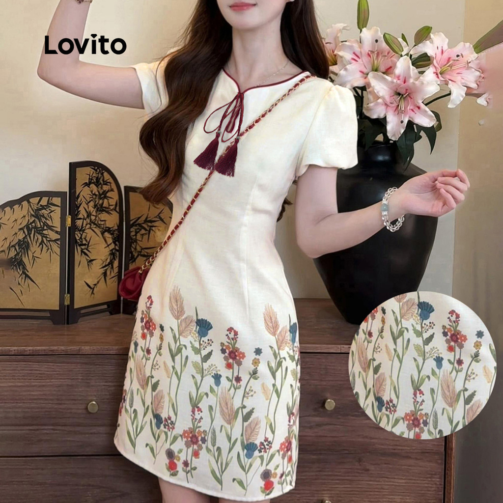Lovito เดรสแคชชวลลายพิมพ์พืชสีสันสดใส สำหรับฤดูใบไม้ผลิ/ฤดูร้อน สำหรับผู้หญิง LK2ED386