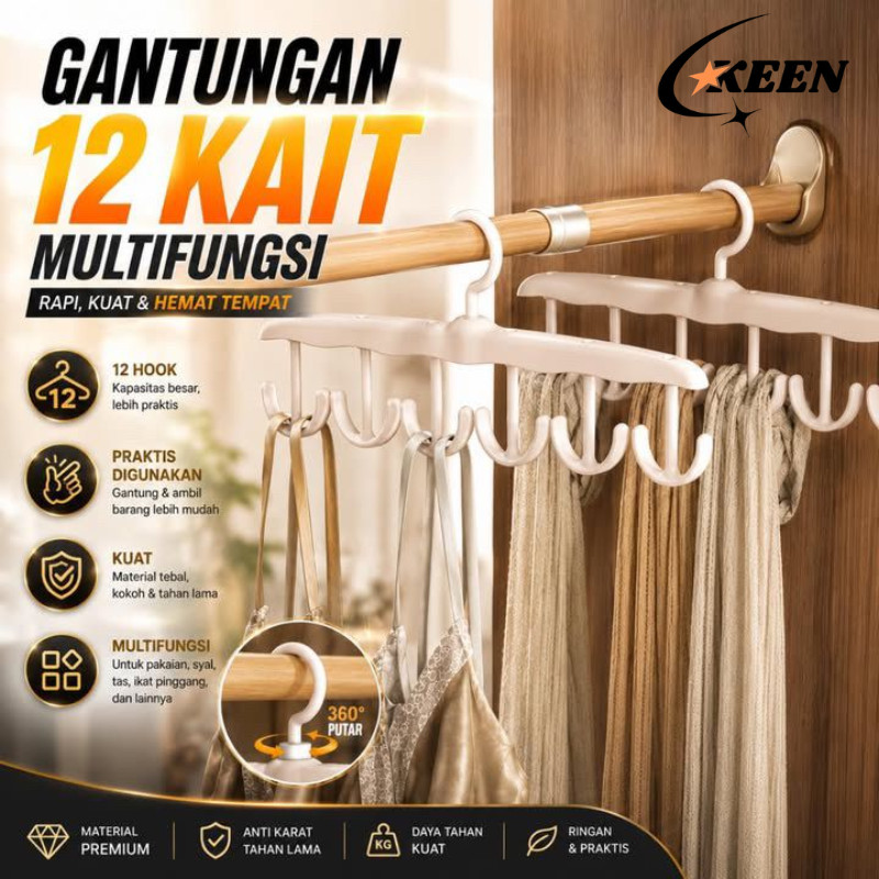 GANTUNGAN KEEN Tie Hanger ผ้าพันคอกระเป๋าหมวกชุดชั้นในประหยัดพื้นที่ตู้เสื้อผ้า Organizer