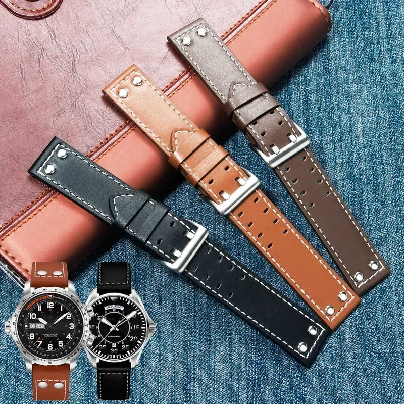 20mm22mm Double Row Hole สายหนังสําหรับ Hamilton Seiko นาฬิกา Rivet Mens Military Pilot Khaki Field 