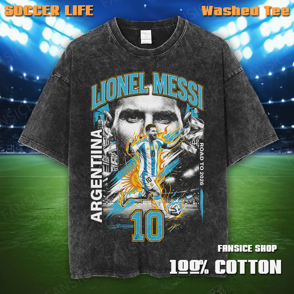 Messi Argentina World Cup 2026 Football Tee ‌เมสซี อาร์เจนตินา ฟุตบอลโลก 2026 เสื้อฟุตบอล ผ้าฝ้าย 100% ซักล้าง เสื้อยืด
