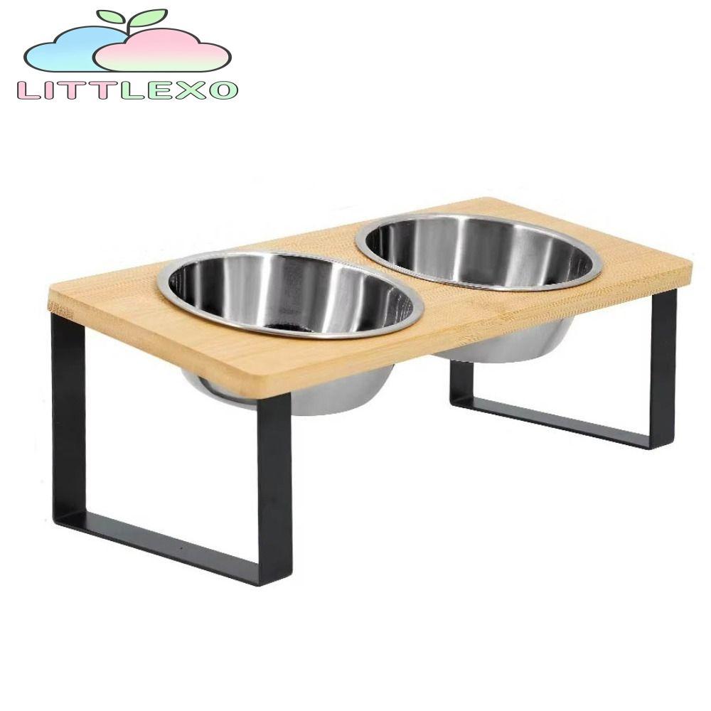 LITTLEX ชามแมวยกระดับ 15° ชามอาหารแมวสแตนเลสแบบเอียงคุณภาพสูงพร้อมขาตั้งไม้ยกเครื่องป้อนสัตว์เลี้ยงป้องกันการหมุนเวียนสําหรับแมวและสุนัข